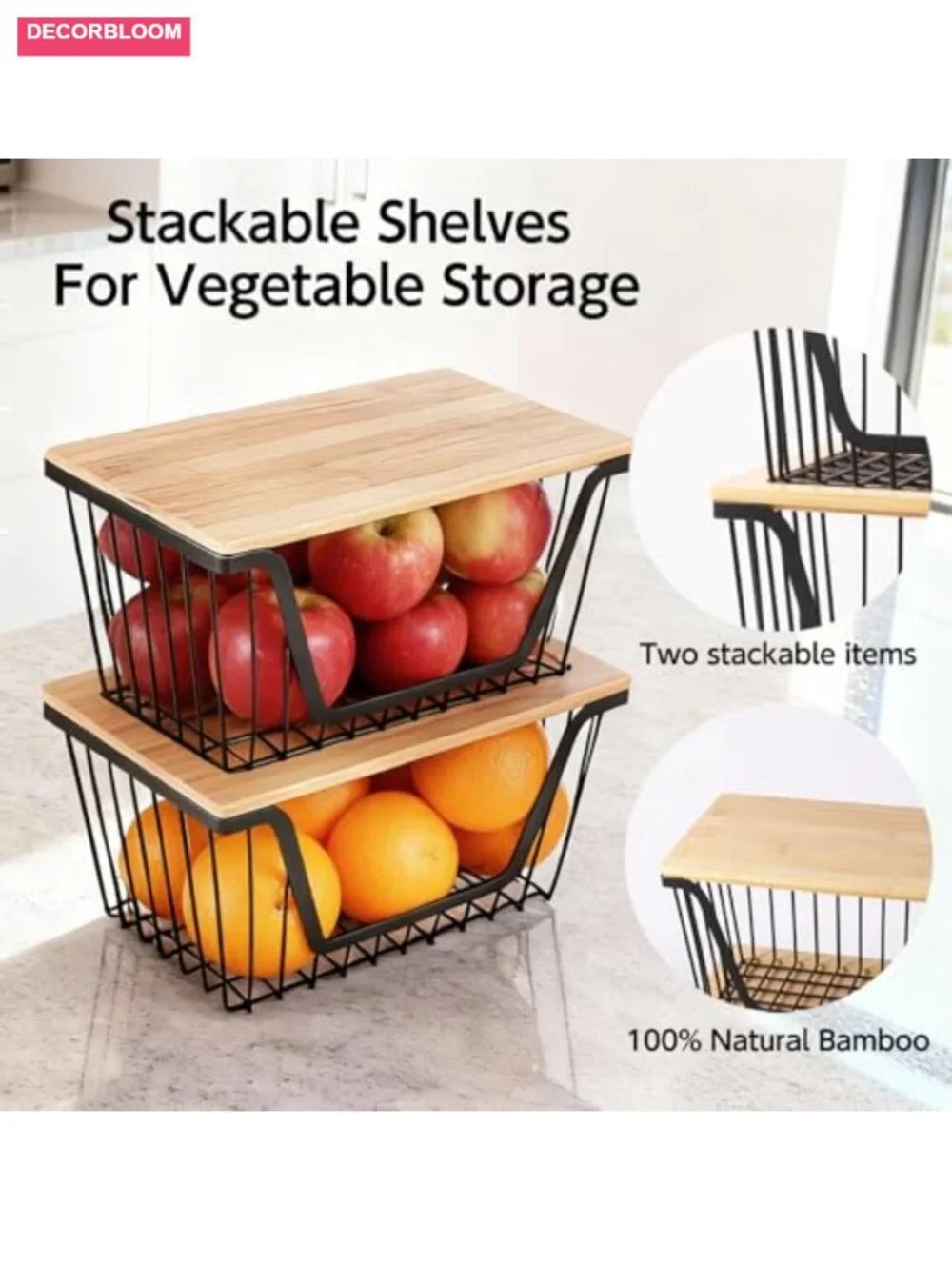 2 Pack Stackable Pantry Organizers Stainless Steel Vegetable Bins with Lids
